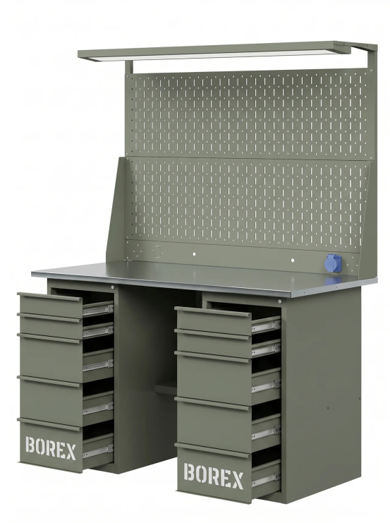 GREENBERG OLIVE Верстак с перфопанелью двойной с двумя ящиками 1400мм VERSTAK_OLIVE_Y2_Р2_1400