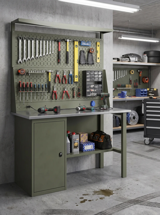 GREENBERG OLIVE Верстак с перфопанелью двойной с тумбой 1200мм VERSTAK_OLIVE_Т1_P2_1200