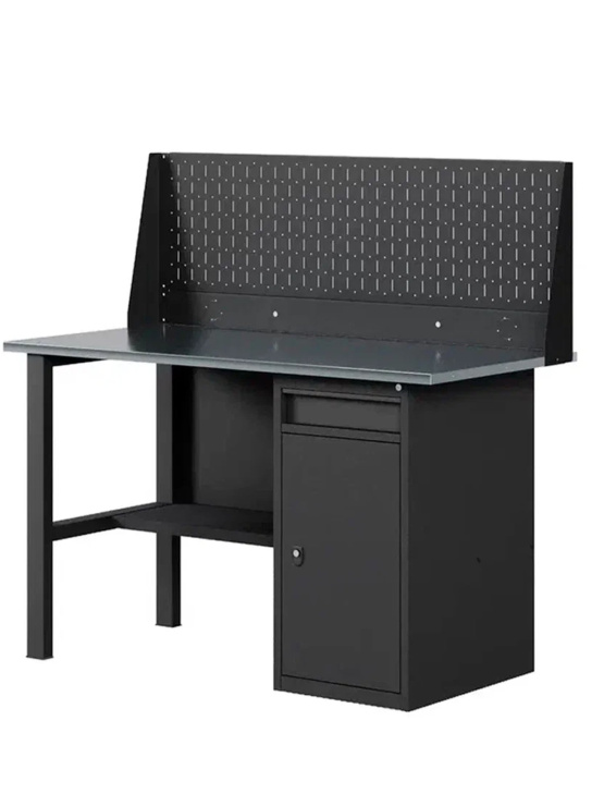 GREENBERG BLACK Верстак-стол с перфопанелью одинарной с тумбой/ящик 1400мм VERSTAK_BLACK_W1_ P1_1400
