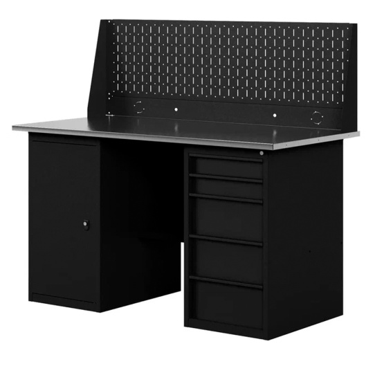GREENBERG BLACK Верстак-стол с перфопанелью одинарной с тумбой и ящиками 1400мм VERSTAK_BLACK_ТY_Р1_1400