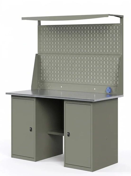 GREENBERG OLIVE Верстак с перфопанелью двойной с двумя тумбами 1400мм VERSTAK_OLIVE_Т2_Р2_1400