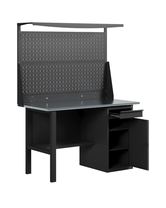 GREENBERG BLACK Верстак-стол с перфопанелью двойной с тумбой/ящик 1400мм VERSTAK_BLACK_W1_ P2_1400