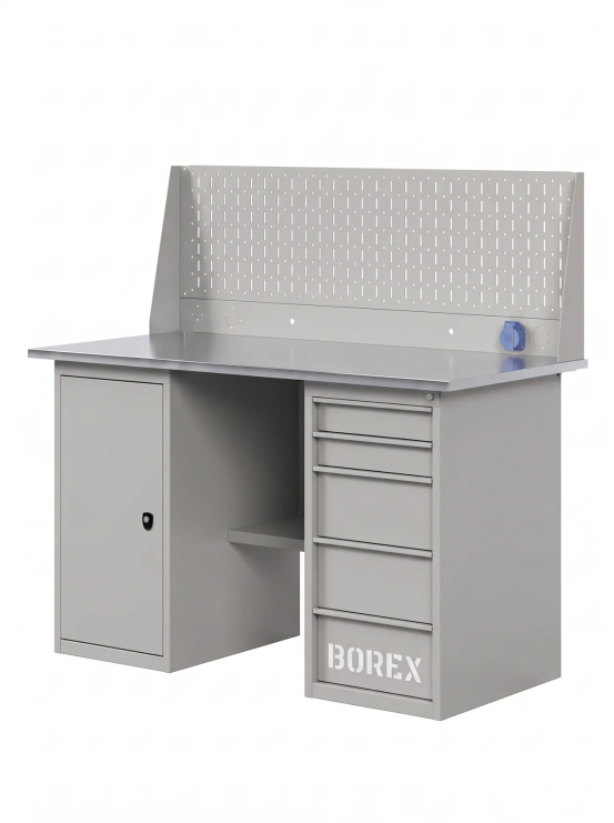GREENBERG SILVER Верстак с перфопанелью одинарной с тумбой и ящиками 1400мм VERSTAK_SILVER_ТY_Р1_1400