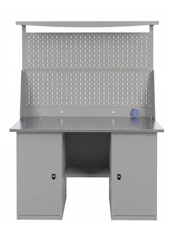 GREENBERG SILVER Верстак с перфопанелью двойной с двумя тумбами 1400мм VERSTAK_SILVER_Т2_Р2_1400