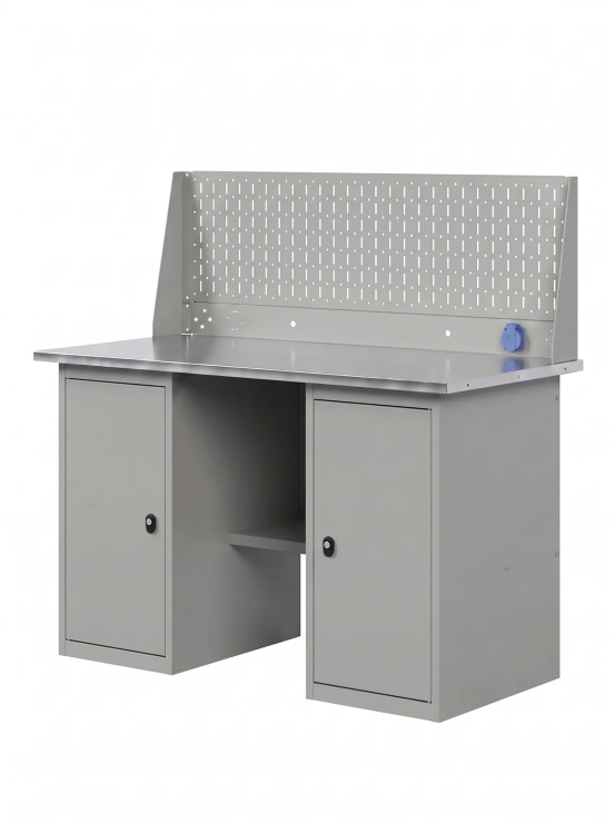 GREENBERG SILVER Верстак с перфопанелью одинарной с двумя тумбами 1400мм VERSTAK_SILVER_Т2_Р1_1400