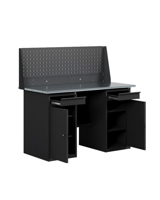 GREENBERG BLACK Верстак-стол с перфопанелью двойной с двумя тумбами/ящик 1400мм VERSTAK_BLACK_W2_Р2_1400