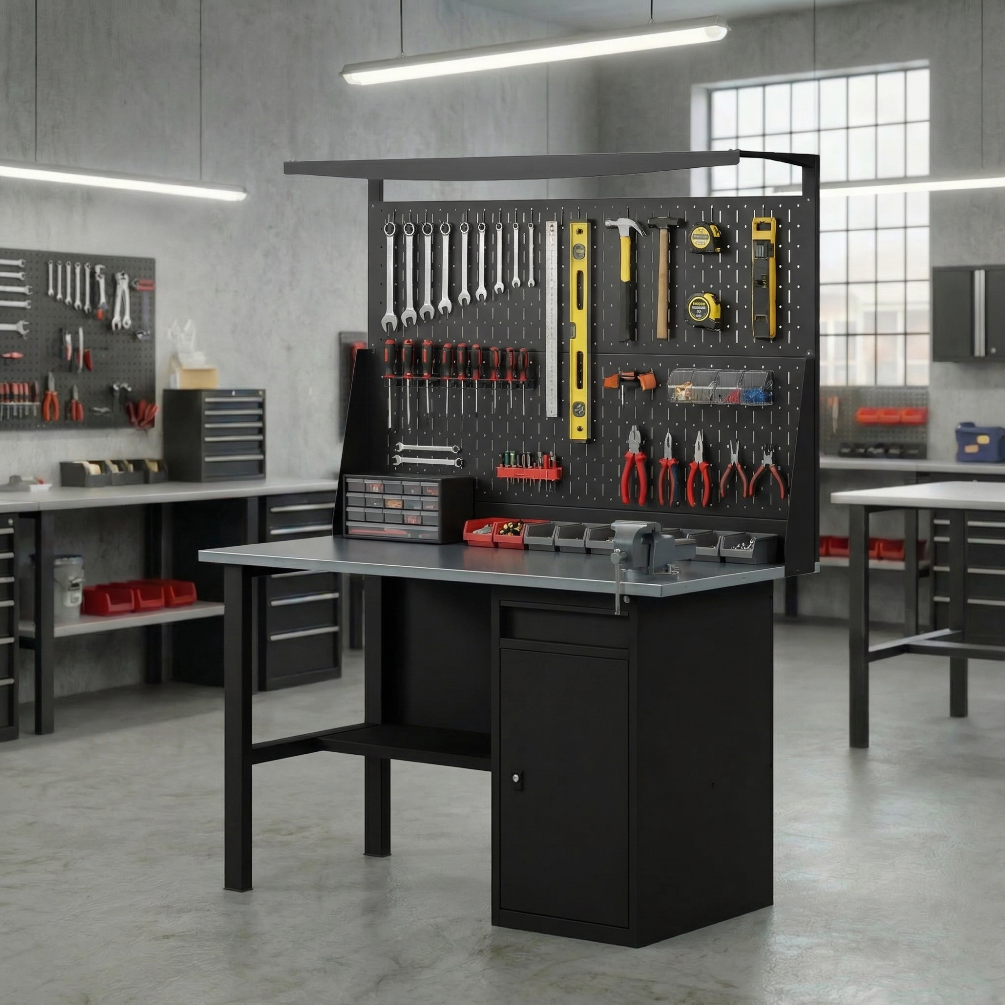 GREENBERG BLACK Верстак-стол с перфопанелью двойной с тумбой/ящик 1200мм VERSTAK_BLACK_W1_P2_1200