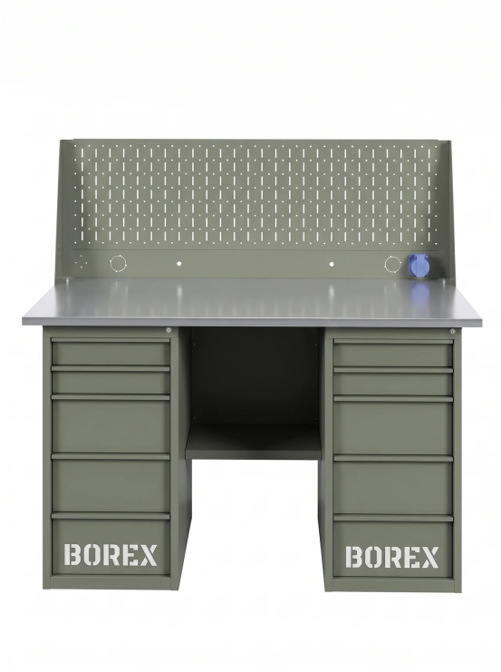 GREENBERG OLIVE Верстак с перфопанелью одинарной с двумя ящиками 1400мм VERSTAK_OLIVE_Y2_Р1_1400