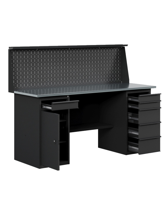 GREENBERG BLACK Верстак-стол с тумбой с ящиками и тумбой/ящик с перфопанелью 1600мм VERSTAK_BLACK_WY_P_1600