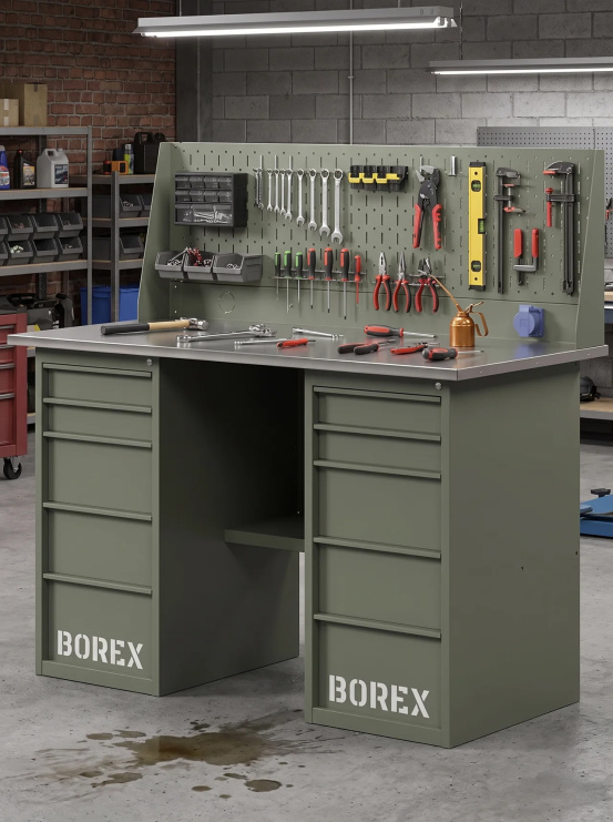 GREENBERG OLIVE Верстак с перфопанелью одинарной с двумя ящиками 1400мм VERSTAK_OLIVE_Y2_Р1_1400