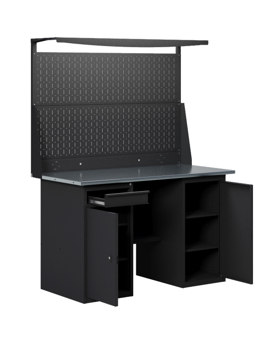 GREENBERG BLACK Верстак-стол с перфопанелью двойной  с тумбой с дверцей и тумбой/ящик 1400мм VERSTAK_BLACK_WT_Р2_1400