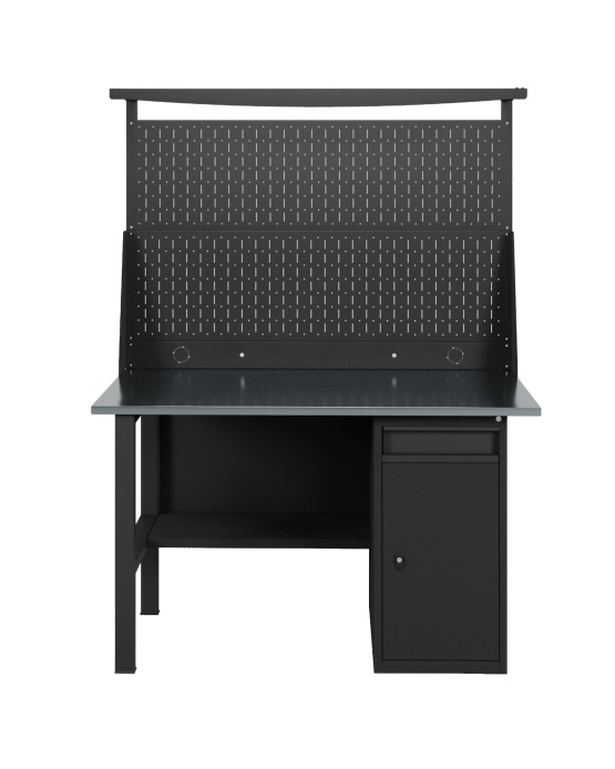 GREENBERG BLACK Верстак-стол с перфопанелью двойной с тумбой/ящик 1400мм VERSTAK_BLACK_W1_ P2_1400