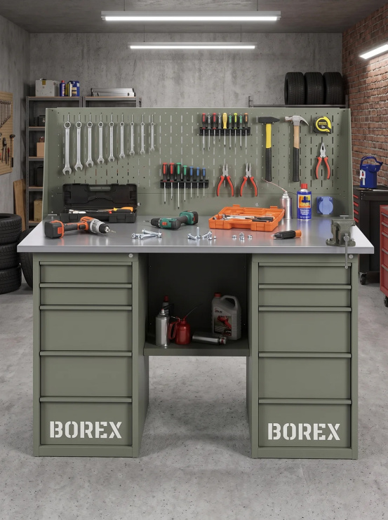 GREENBERG OLIVE Верстак с перфопанелью одинарной с двумя ящиками 1400мм VERSTAK_OLIVE_Y2_Р1_1400