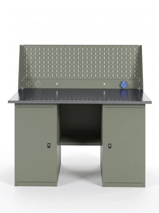 GREENBERG OLIVE Верстак с перфопанелью одинарной с двумя тумбами 1400мм VERSTAK_OLIVE_Т2_Р1_1400
