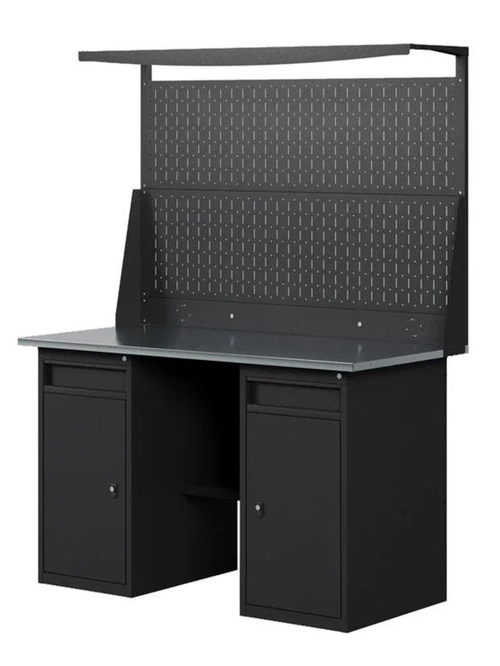 GREENBERG BLACK Верстак-стол с перфопанелью двойной с двумя тумбами/ящик 1400мм VERSTAK_BLACK_W2_Р2_1400