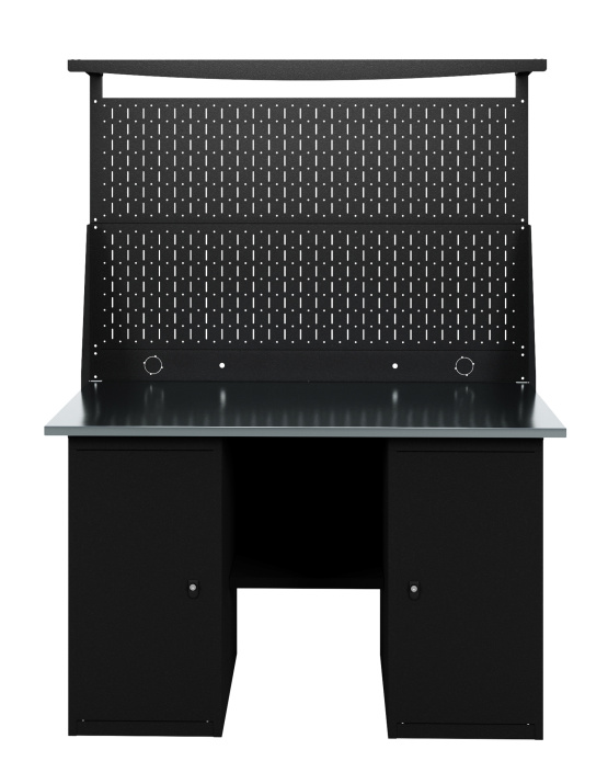 GREENBERG BLACK Верстак-стол с перфопанелью двойной с двумя тумбами 1400мм VERSTAK_BLACK_Т2_Р2_1400