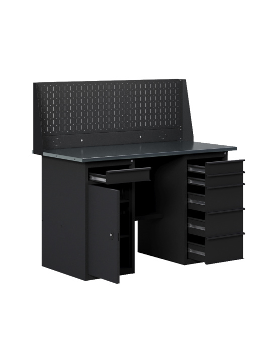 GREENBERG BLACK Верстак-стол с перфопанелью одинарной с тумбой с ящиками и тумбой/ящик 1400мм VERSTAK_BLACK_WY_Р1_1400