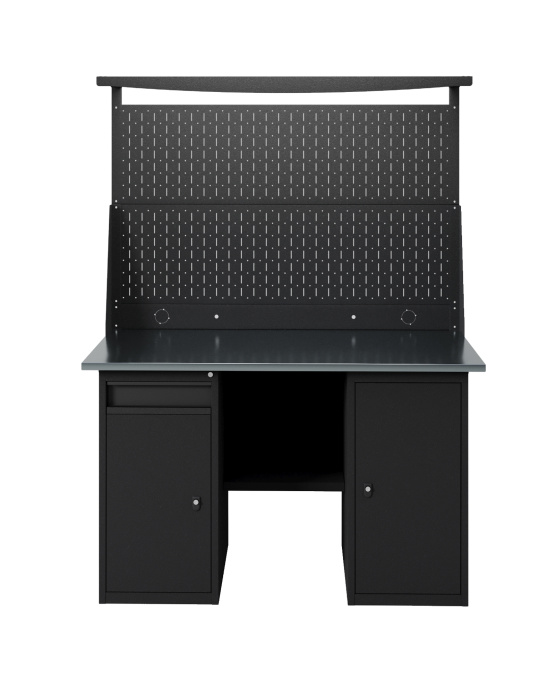 GREENBERG BLACK Верстак-стол с перфопанелью двойной  с тумбой с дверцей и тумбой/ящик 1400мм VERSTAK_BLACK_WT_Р2_1400