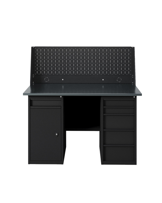 GREENBERG BLACK Верстак-стол с перфопанелью одинарной с тумбой с ящиками и тумбой/ящик 1400мм VERSTAK_BLACK_WY_Р1_1400