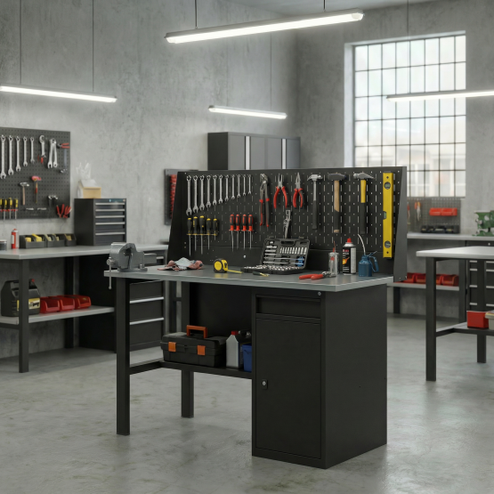 GREENBERG BLACK Верстак-стол с перфопанелью одинарной с тумбой/ящик 1200мм VERSTAK_BLACK_W1_P1_1200