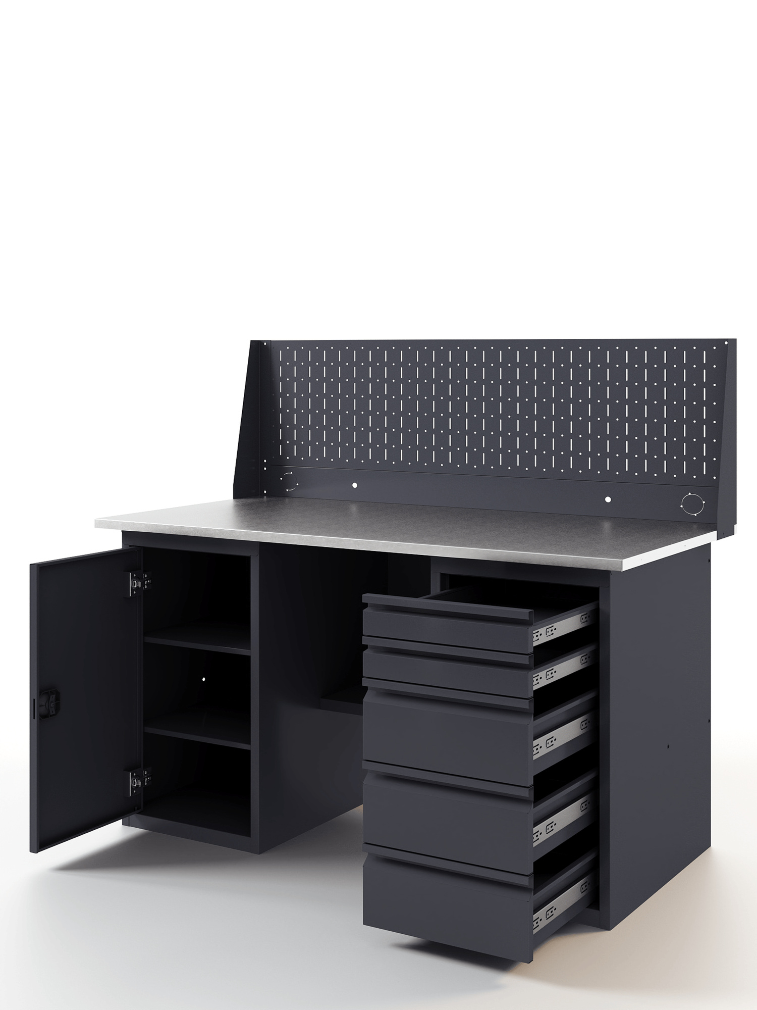 GREENBERG Верстак с перфопанелью одинарной с тумбой и ящиками 1400мм VERSTAK_ТY_Р1_1400