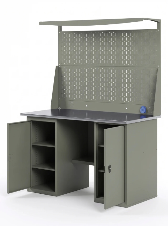 GREENBERG OLIVE Верстак с перфопанелью двойной с двумя тумбами 1400мм VERSTAK_OLIVE_Т2_Р2_1400