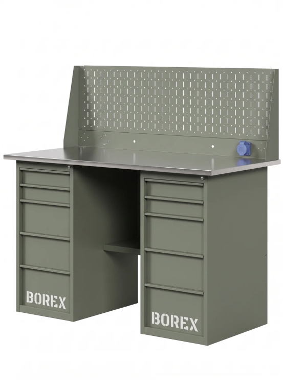 GREENBERG OLIVE Верстак с перфопанелью одинарной с двумя ящиками 1400мм VERSTAK_OLIVE_Y2_Р1_1400